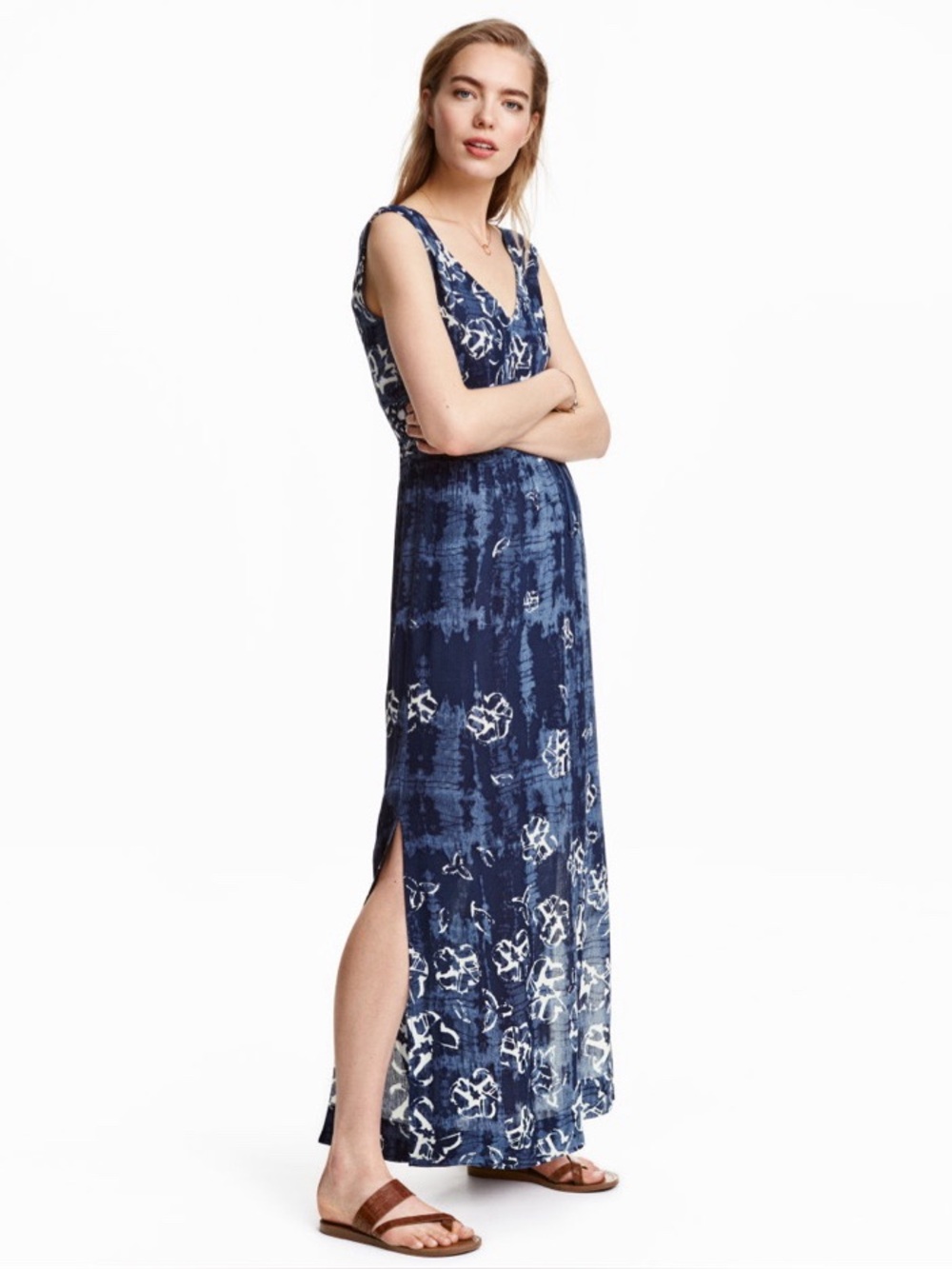 H&M Blue and White Tie Dyed Floral Maxi Dress